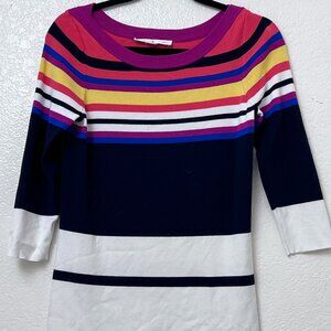 Boston Proper Pullover Sweater Top Sz M Multicolor Stripe Knit 3/4 Sleeve Preppy